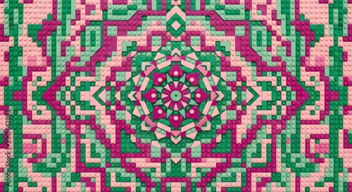 Vibrant geometric Moroccan tile pattern with intricate floral medallion design in pink and green