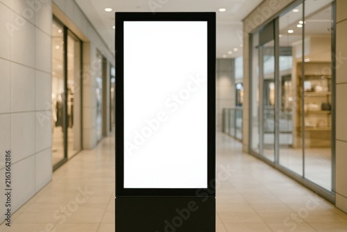Vertical digital billboard with blank white screen modern shopping mall corridor advertising mockup empty display illuminated sign retail environment commercial space indoor advertising modern
