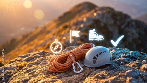 Mountain climbing adventure gear concept, rope and helmet on rocky summit with compass, flag, hiking boot and checkmark icons, outdoor exploration, safety equipment, expedition planning and adventure 