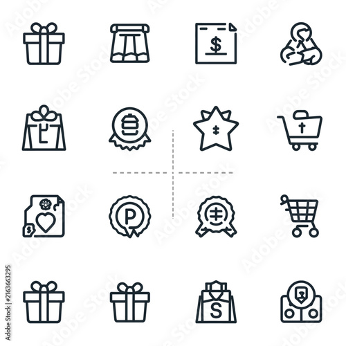 Retail and gift icon collection with shopping carts present boxes and loyalty reward badges for online stores.