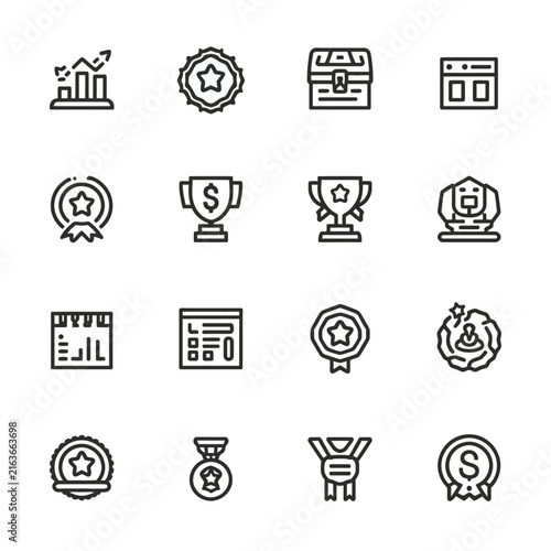 Graph and award icons with treasure chest and browser for business growth and rewards.