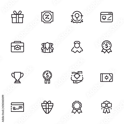 Gift box and trophy icons with currency and calendar symbols for rewards and achievements.