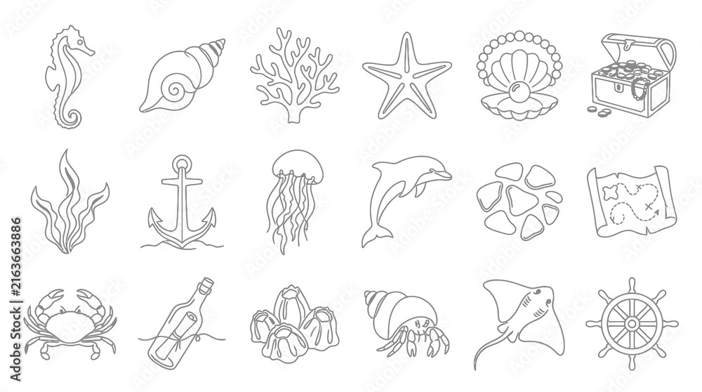 Fototapeta premium Black and White Line Art Marine Life and Nautical Objects Icon Set - Ocean Symbols Sea Creatures Collection