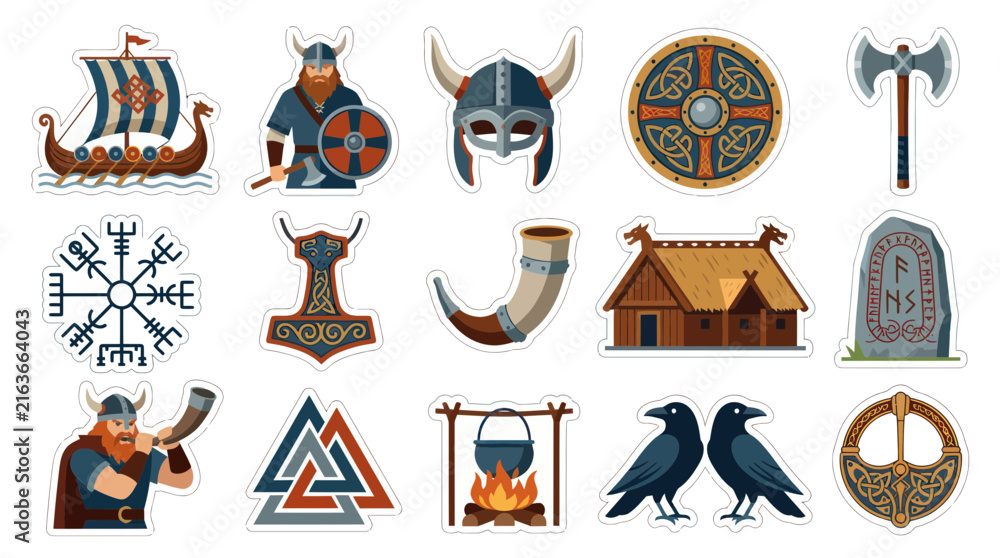 Naklejka premium Viking Symbols and Icons - Flat Vector Illustrations of Norse Mythology and Culture