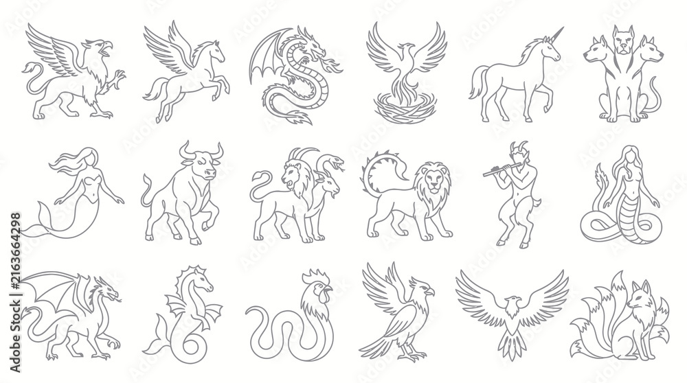 Fototapeta premium Mythological Creatures Line Art Vector - Fantasy Animals Illustrations