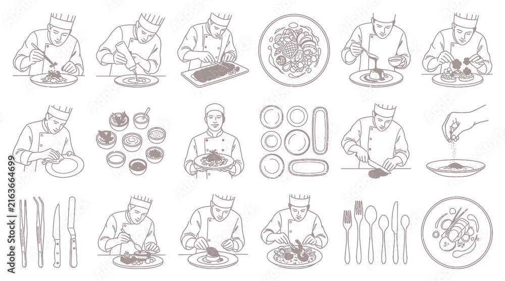 Obraz premium Culinary Chef Preparing Food Dishes Line Art Vector Illustration Set. Professional Cooking, Plating and Garnishing Steps.