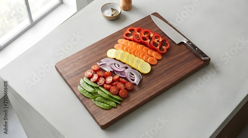 Fresh Rainbow Sliced Vegetables on a Wooden Cutting Board with Chef's Knife