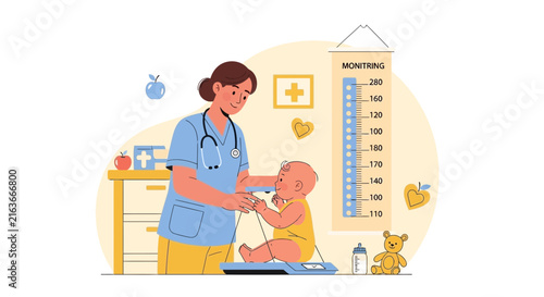 Pediatrician measuring baby's weight and height, healthcare concept