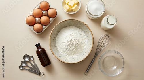 Baking ingredients in a bowl with eggs flour milk and whisk for cooking in the kitchen. beginner baking guide