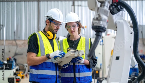 Robotics control engineers setting and maintain spare parts of industrial robot arm controller in production plant factory