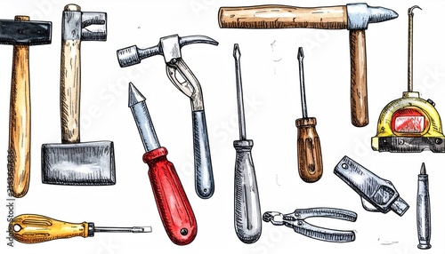 Set of hand drawn doodle construction tools. Home building and repair tool sketch style. Workshop equipment vector illustration