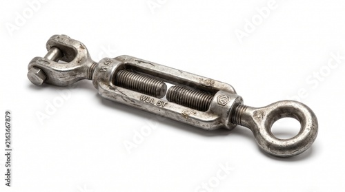 Adjustable turnbuckle rigging hardware with jaw and eye ends for tensioning steel cable.