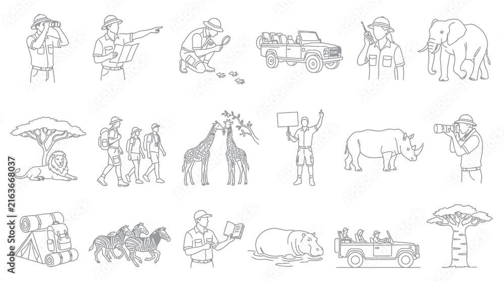 Fototapeta premium Safari Line Art Icons: Wildlife, People, Vehicles, and Nature