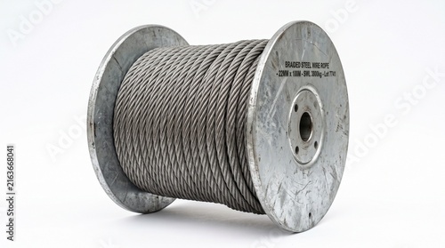 Braided steel wire rope on large metal spool for heavy lifting operations and industrial use.