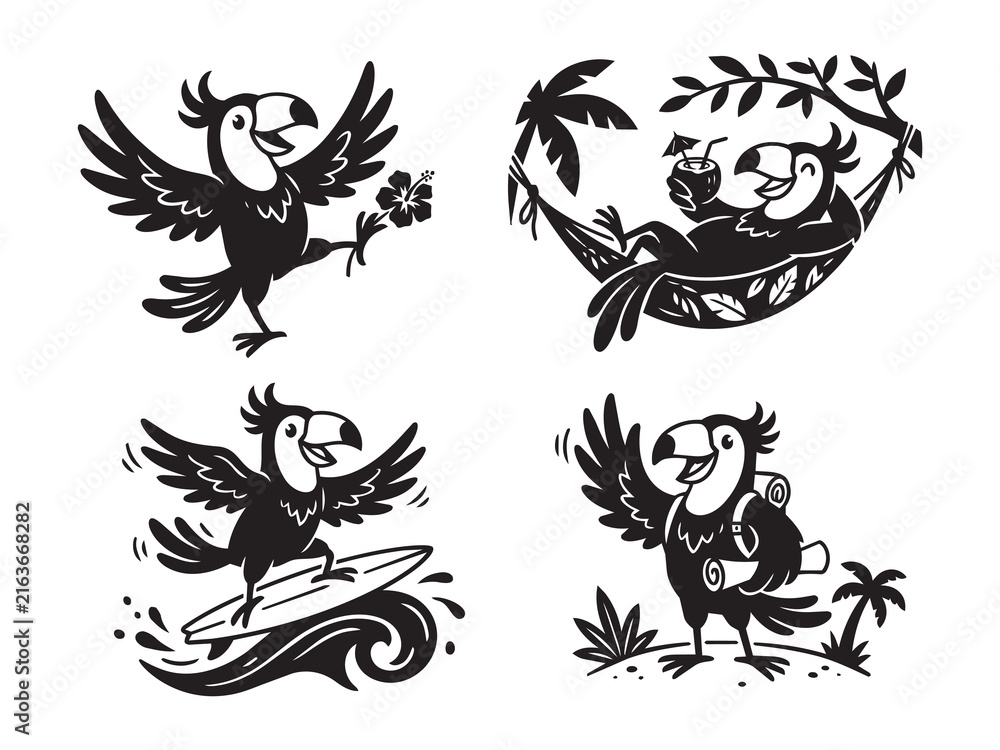 Naklejka premium Cute black toucan bird cartoon mascot characters isolated on white background for tropical vacation graphics.
