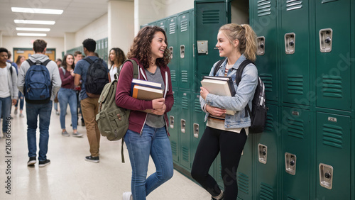 Two happy female high school students holding books talk and laugh by green lockers in a crowded hallway.