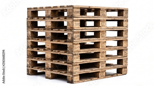 Stack of five wooden euro pallets for logistics, shipping, and cargo transportation.