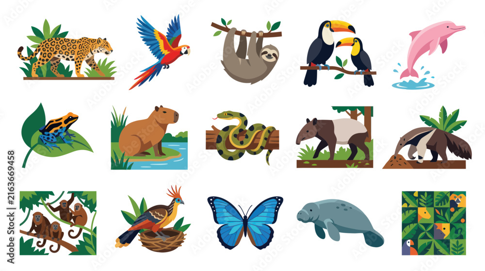 Naklejka premium Colorful Flat Vector Icons of Amazon Rainforest Animals and Nature