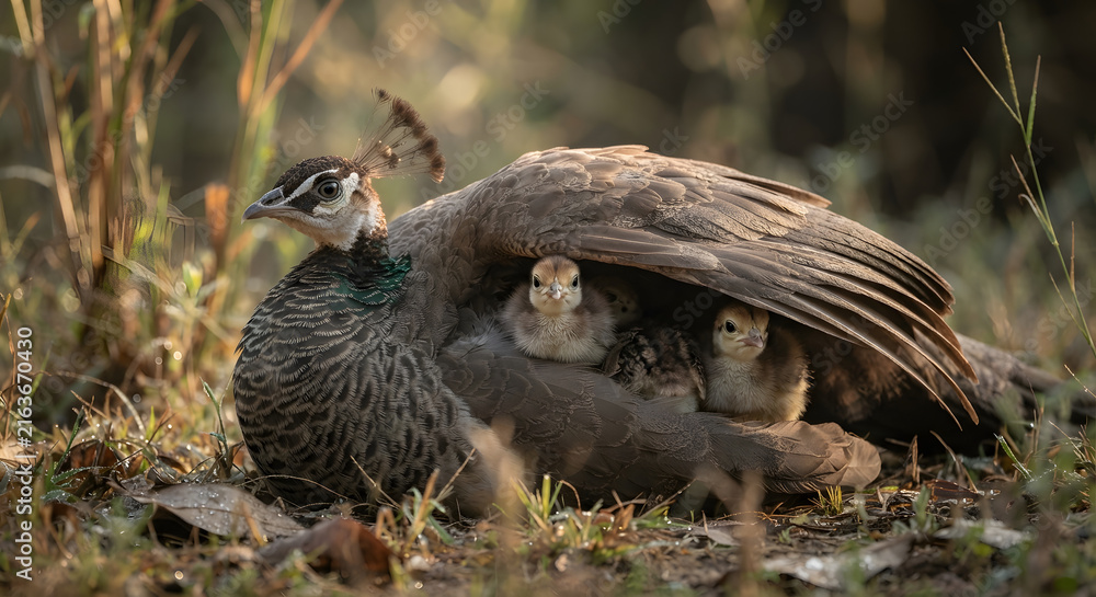 Naklejka premium A protective peahen sheltering her small chicks under her wing in the wild