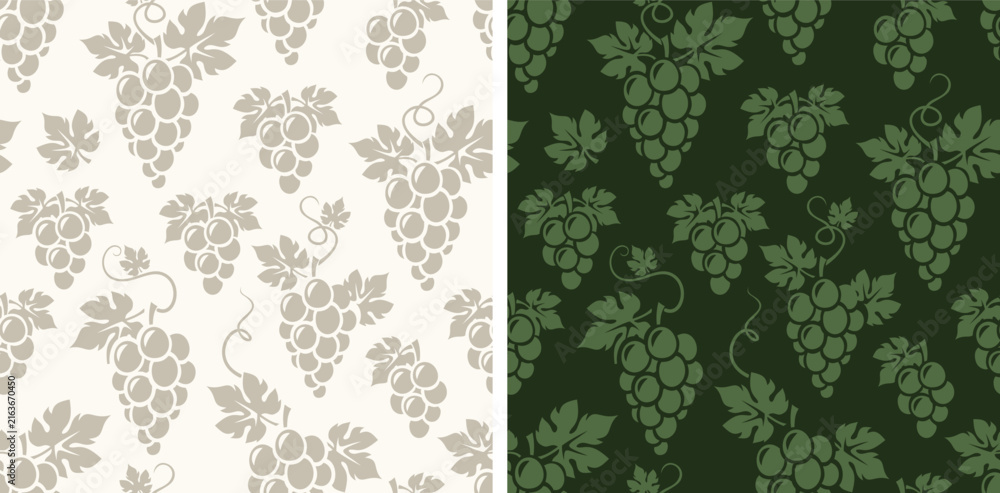 Naklejka premium Seamless patterns with grape vines. Grape silhouettes patterns. Set of vector seamless prints in green and beige colors