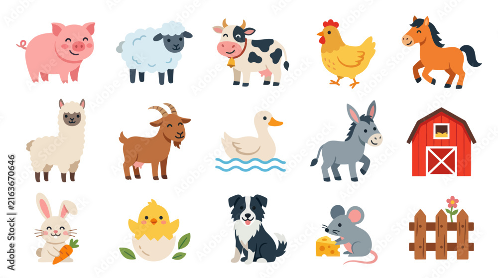 Naklejka premium Cute Farm Animals Collection: Flat Vector Cartoon Characters Including Pig, Cow, Chicken, Horse, and Barn.