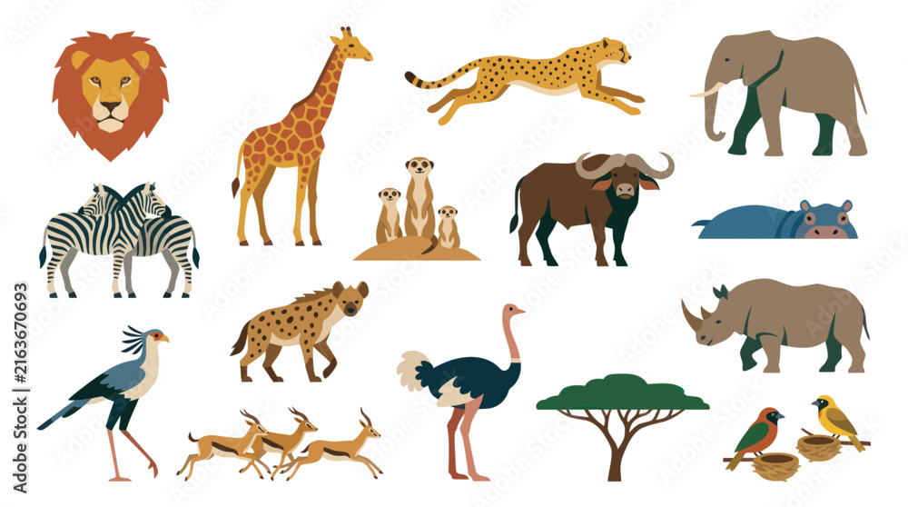 Naklejka premium Flat Vector African Wildlife Animals Collection. Safari Nature Fauna Icons Set.