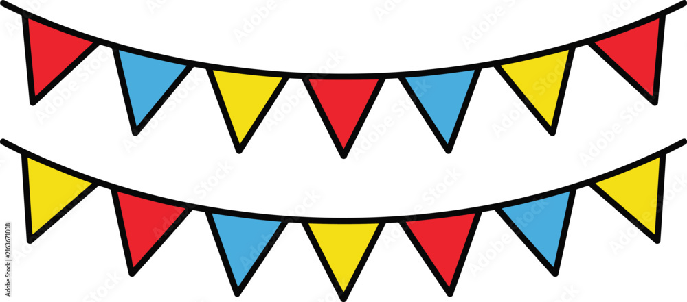 Obraz premium Colorful party bunting flags hanging on strings for celebration and festive events
