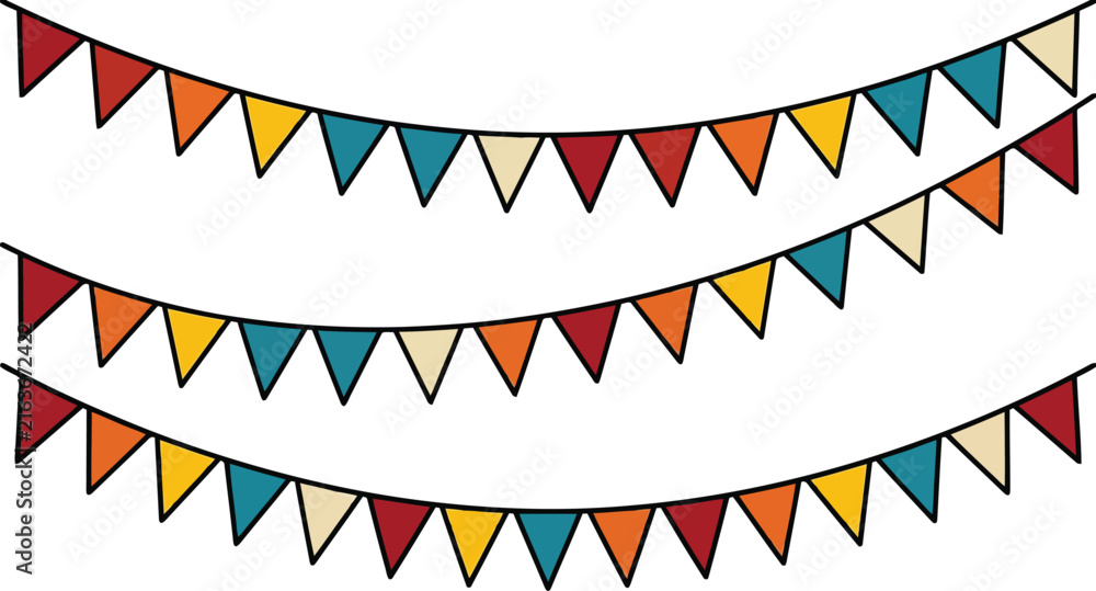 Obraz premium Colorful party bunting flags hanging on strings for celebration and festive decoration
