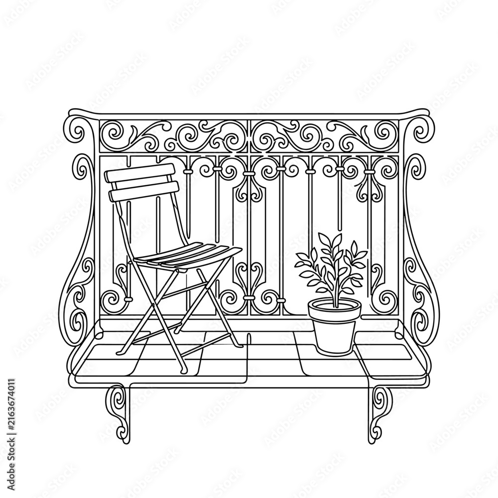 Fototapeta premium European Balcony Folding Chair Potted Plant Ornate Wrought Iron Railing