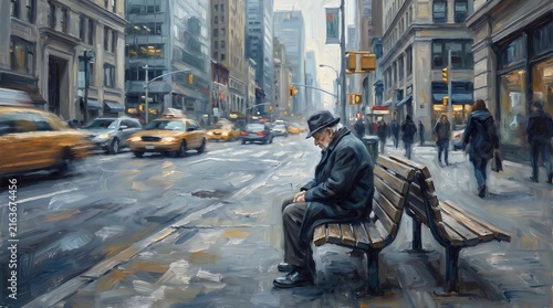 Urban Solitude: Elderly Man on a Bench in a Busy City Street - Oil Painting