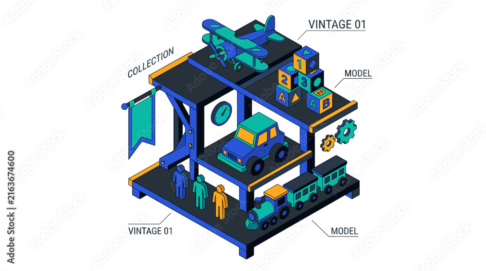 Fototapeta premium Isometric vintage toy collection on display stand featuring a biplane, car, train, and alphabet building blocks