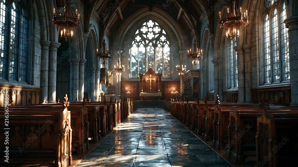 Fototapeta premium Empty church interior features gothic architecture and stained glass windows