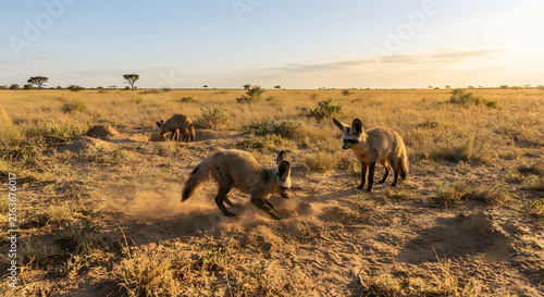 Bateared foxes playing in the sandy soil of the african savanna at sunset