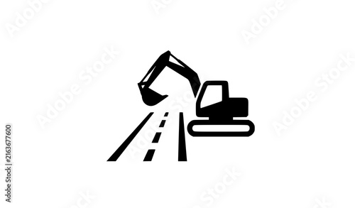 Highway Construction Logo Icon with Excavator Roadwork and Asphalt Symbol in Minimal Black and White Vector Design