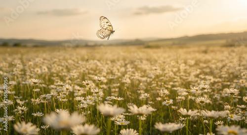 A delicate butterfly flying over a vast field of blooming white daisies at sunset
