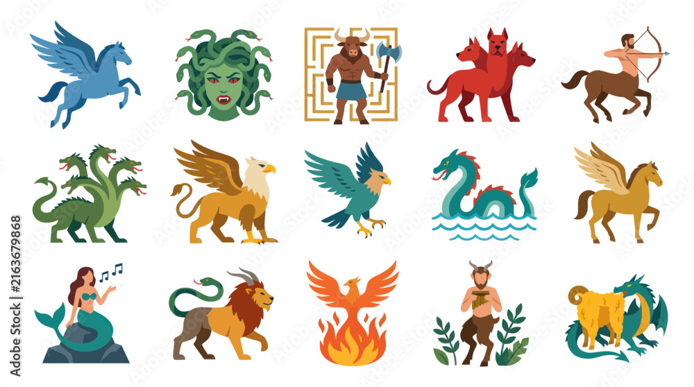 Obraz premium Mythology Flat Vector Illustration Set of Mythical Creatures and Legendary Monsters from Ancient Greece