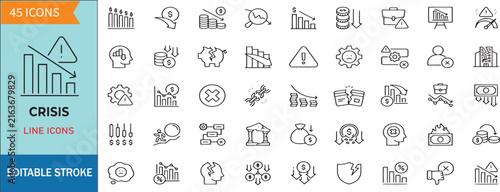 Crisis Line Icon Set, Economic Recession, Risk Management, Financial Loss and Market Crash Thin Line Icons