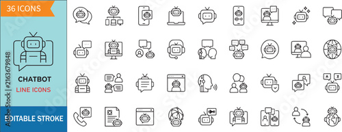 Chatbot Line Icon Set, Artificial Intelligence Bot, Virtual Assistant and Automated Customer Service Icons