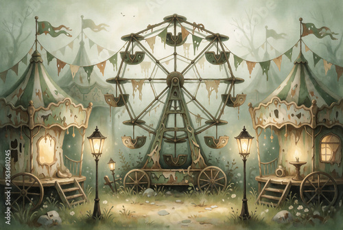 Abandoned carnival with ferris wheel and tents in whimsical style