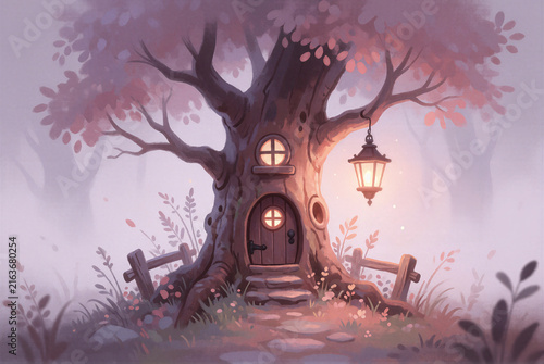 Whimsical hollow tree house with glowing lantern in misty woods