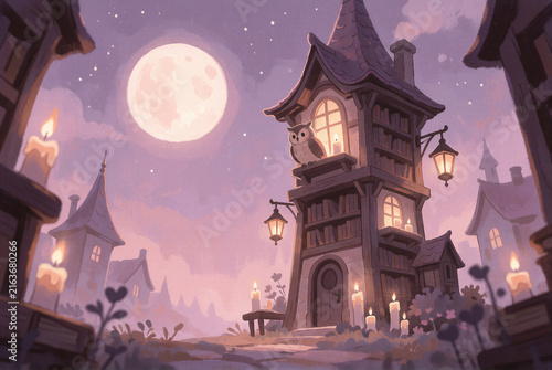 Whimsical candlelit library tower with an owl under a full moon