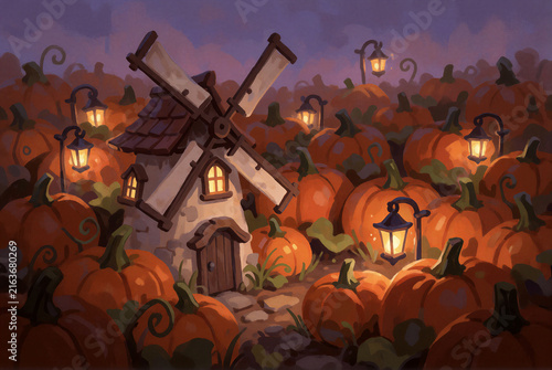Charming small windmill in a glowing pumpkin patch at twilight