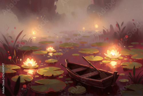 Wooden boat in a misty swamp with glowing water lilies
