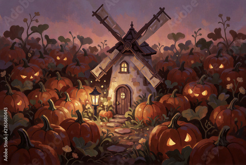 Charming spooky windmill in a pumpkin patch at twilight
