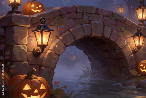 Stone bridge with jackolanterns and lanterns at twilight