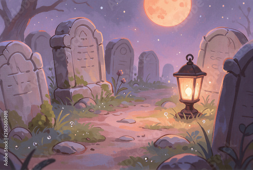 Charming graveyard scene with tombstones and glowing lantern at night