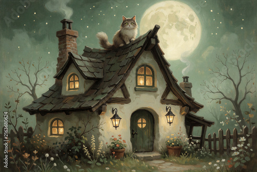 Whimsical cat sitting on a cozy cottage roof under a full moon