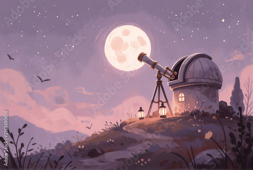 Observatory with telescope under moonlight in a whimsical night