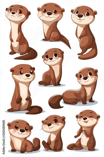 Cute Otter Cartoon Character in Different Poses - Adorable Animal Illustration Set.