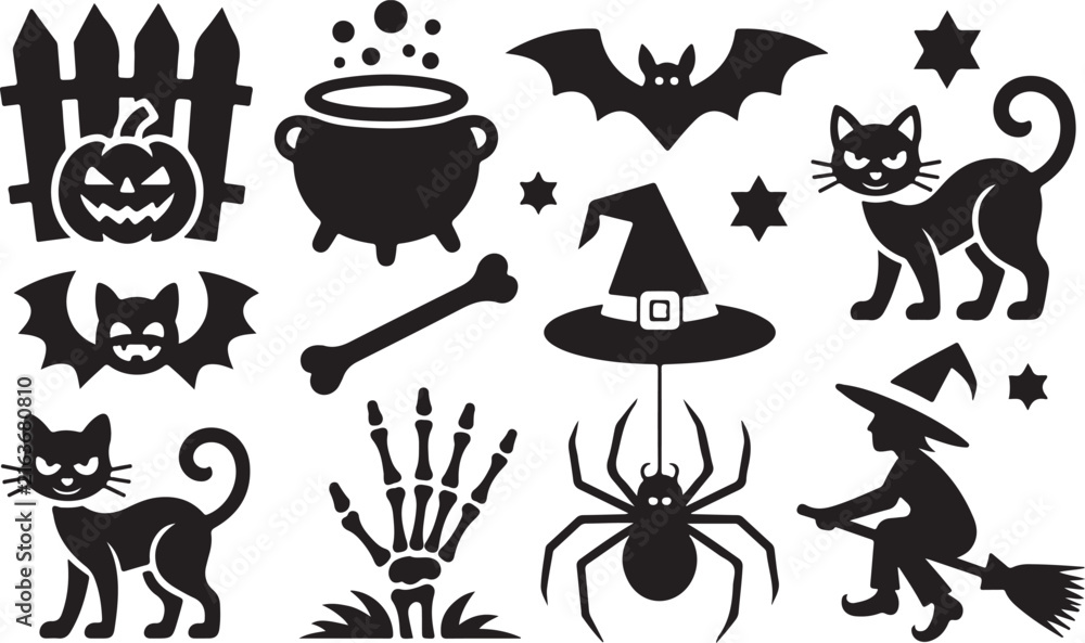 Fototapeta premium Halloween silhouette icons set with witch cauldron black cat and spooky holiday elements
